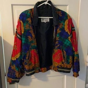 vintage print zip up windbreaker w/ shoulder pads
